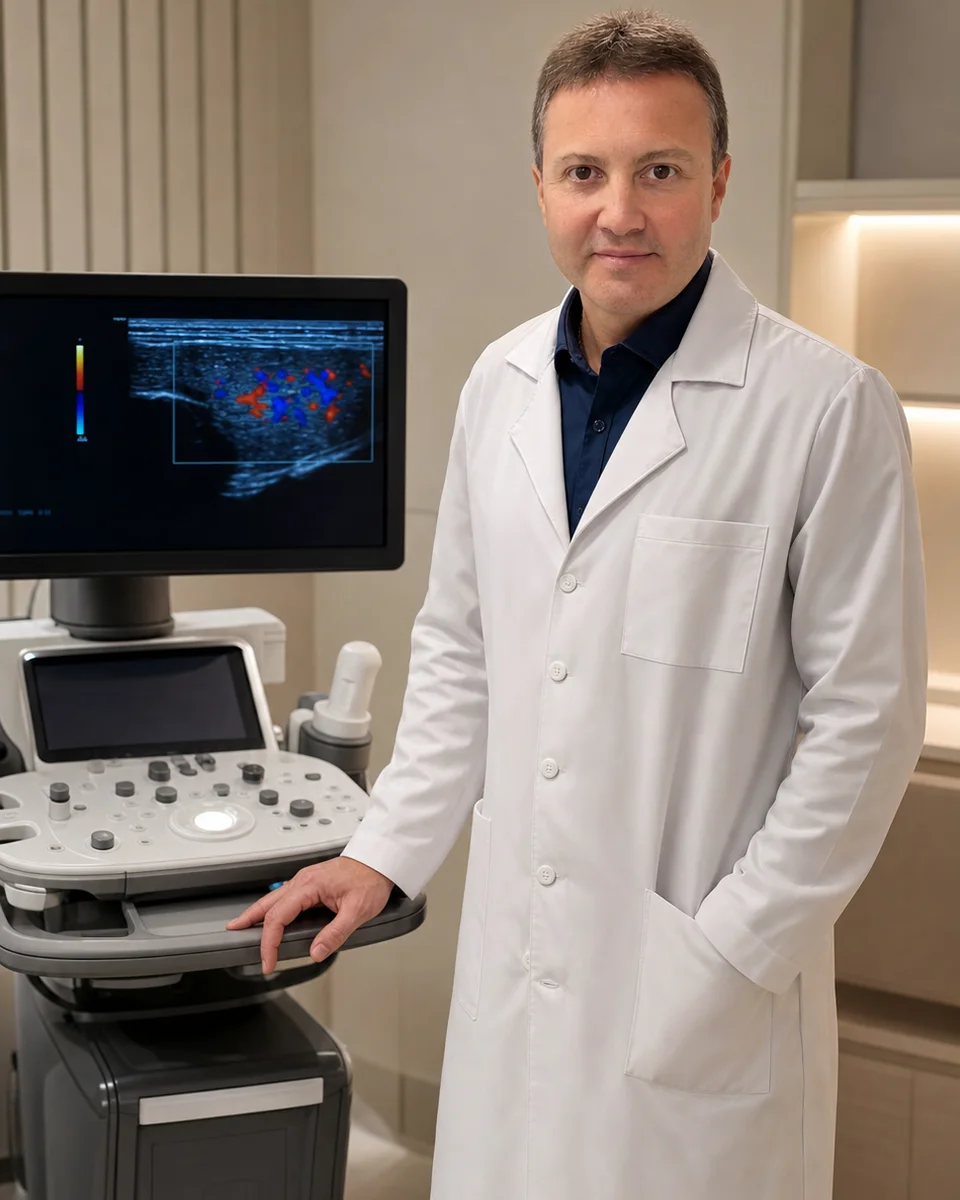 Dr. Glauber Branco ao lado de equipamento de ultrassonografia